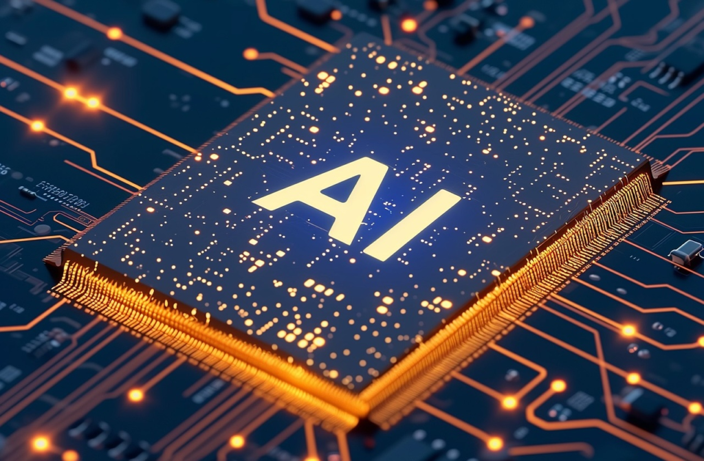 Ilustrasi kecerdasan buatan (Artificial Intelligence) berupa chip AI yang bercahaya di atas papan sirkuit elektronik, menggambarkan teknologi modern dan kemajuan digital