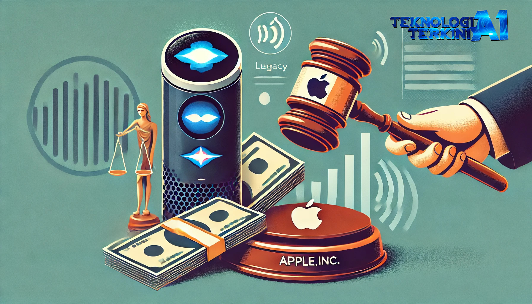 Ilustrasi yang menggambarkan Apple Inc. membayar denda sebesar Rp 1,5 triliun terkait pelanggaran privasi pengguna asisten virtual Siri. Gambar menampilkan palu hakim yang mengetuk tumpukan uang dengan logo Apple, mewakili penyelesaian kasus hukum. Ilustrasi ini mencerminkan tema hukum, teknologi, dan isu privasi dalam artikel.